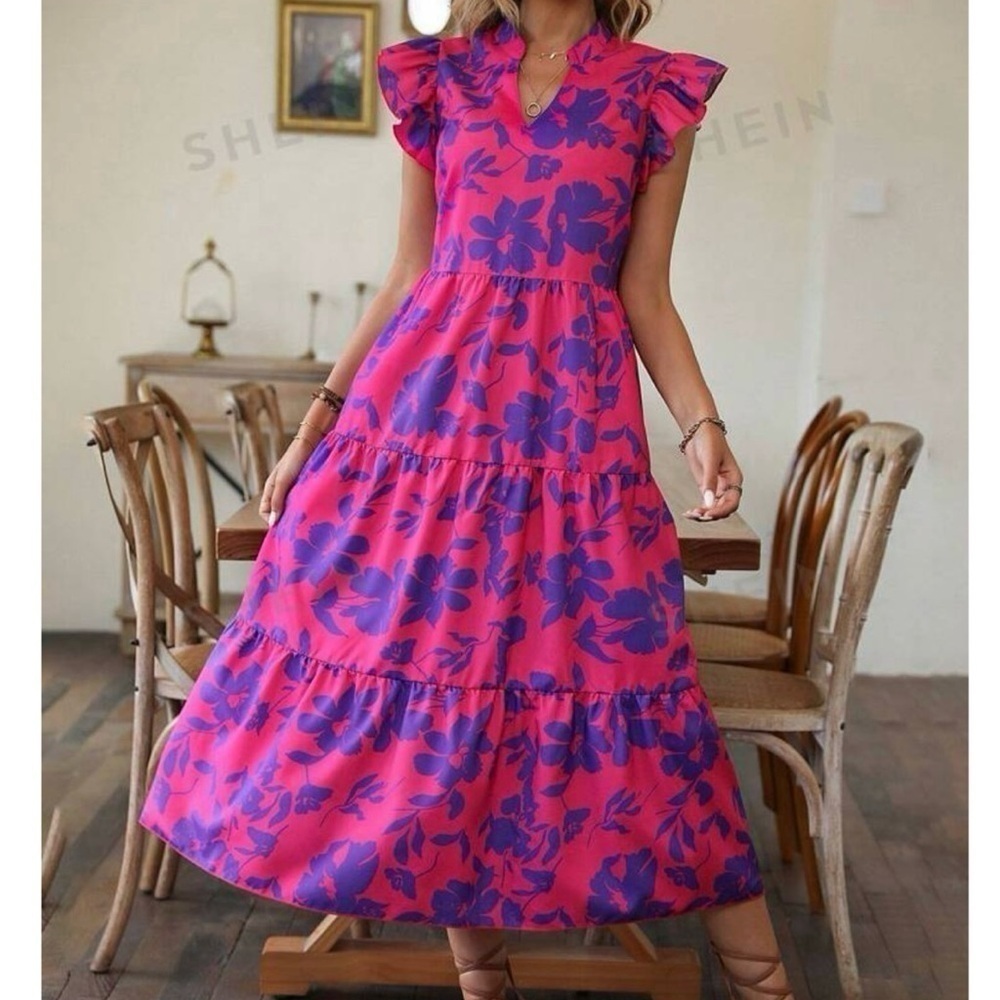 Floral Print Boho Butterfly Sleeve Ruffle Hem Smock Dress - Picture 2 of 3